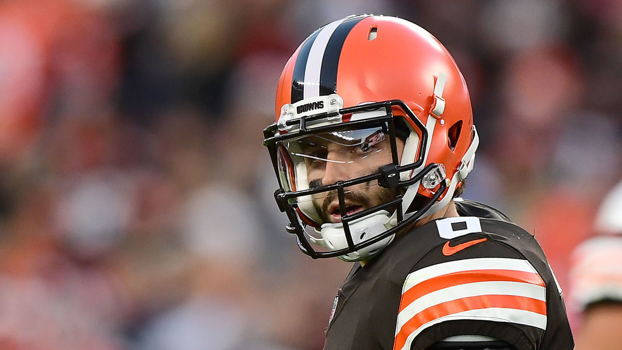 CLEVELAND, OHIO - OCTOBER 17: Baker Mayfield #6 of the Cleveland Browns looks on after a play during the third quarter against the Arizona Cardinals at FirstEnergy Stadium on October 17, 2021 in Cleveland, Ohio.