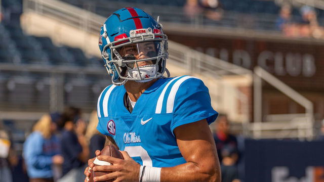 OXFORD, MS - OCTOBER 9: Ole Miss Rebels quarterback Matt Corral warms up before the college football game between the Ole Miss Rebels and the Arkansas Razorbacks on October 9, 2021, at Vaught-Hemingway Stadium in Oxford, MS.