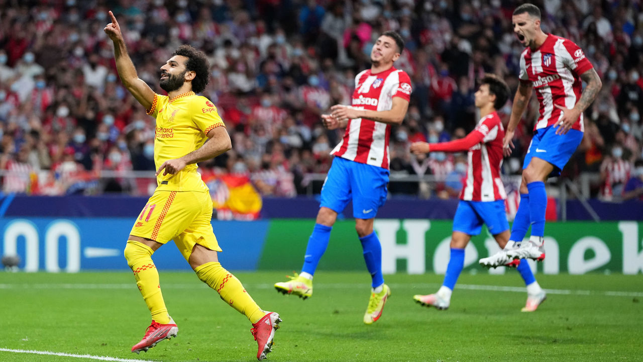 MADRID, SPAIN - OCTOBER 19: Mohamed Salah of Liverpool celebrates after scoring their side's third goal during the UEFA Champions League group B match between Atletico Madrid and Liverpool FC at Wanda Metropolitano on October 19, 2021 in Madrid, Spain.