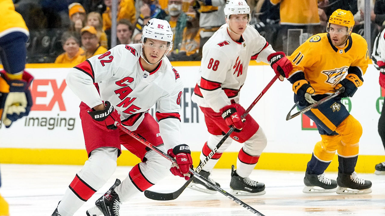 NASHVILLE, TN - OCTOBER 16: Jesperi Kotkaniemi #82 of the Carolina Hurricanes skates against the Nashville Predators during an NHL game at Bridgestone Arena on October 16, 2021 in Nashville, Tennessee.