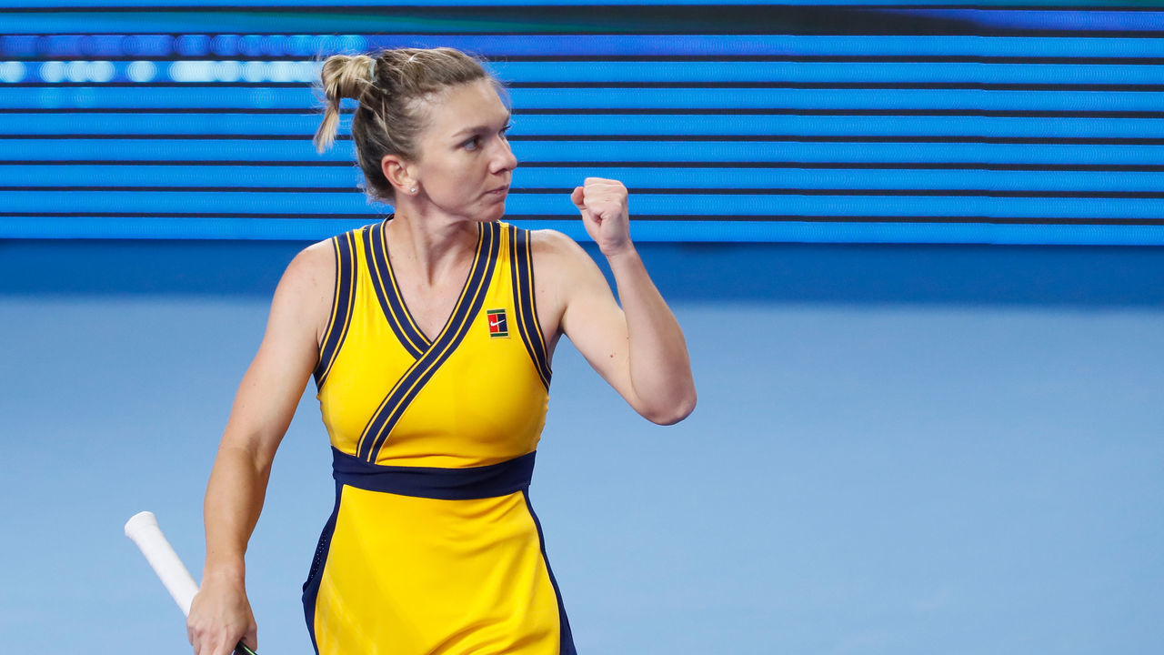 Simona Halep of Romania celebrates during the women's singles Round of 32 tennis match of the WTA 500 VTB Kremlin Cup 2021 International Tennis Tournament against Anastasia Potapova of Russia at the Irina Viner-Usmanova Gymnastics Palace on October 19, 2021 in Moscow, Russia.