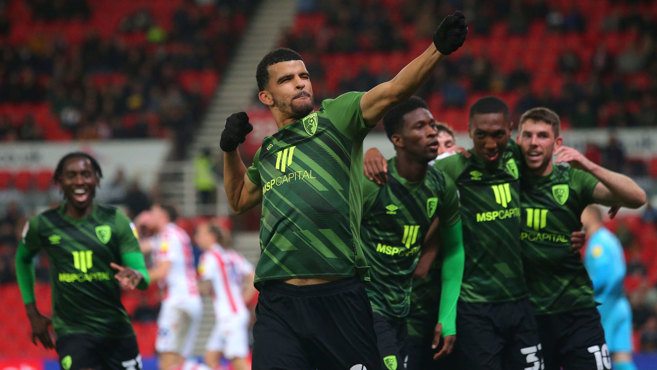 STOKE ON TRENT, ENGLAND - OCTOBER 19: Dominic Solanke of AFC Bournemouth celebrates after scoring the opening goal during the Sky Bet Championship match between Stoke City and AFC Bournemouth at Bet365 Stadium on October 19, 2021 in Stoke on Trent, England.