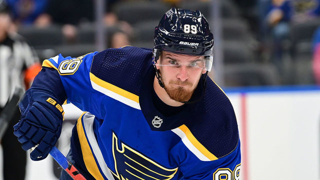 ST. LOUIS, MO - SEPTEMBER 27: St. Louis Blues right wing Pavel Buchnevich (89) during a pre-season NHL game between the Dallas Stars and the St. Louis Blues on September 27, 2021, at Enterprise Center, St. Louis, Mo. ,
