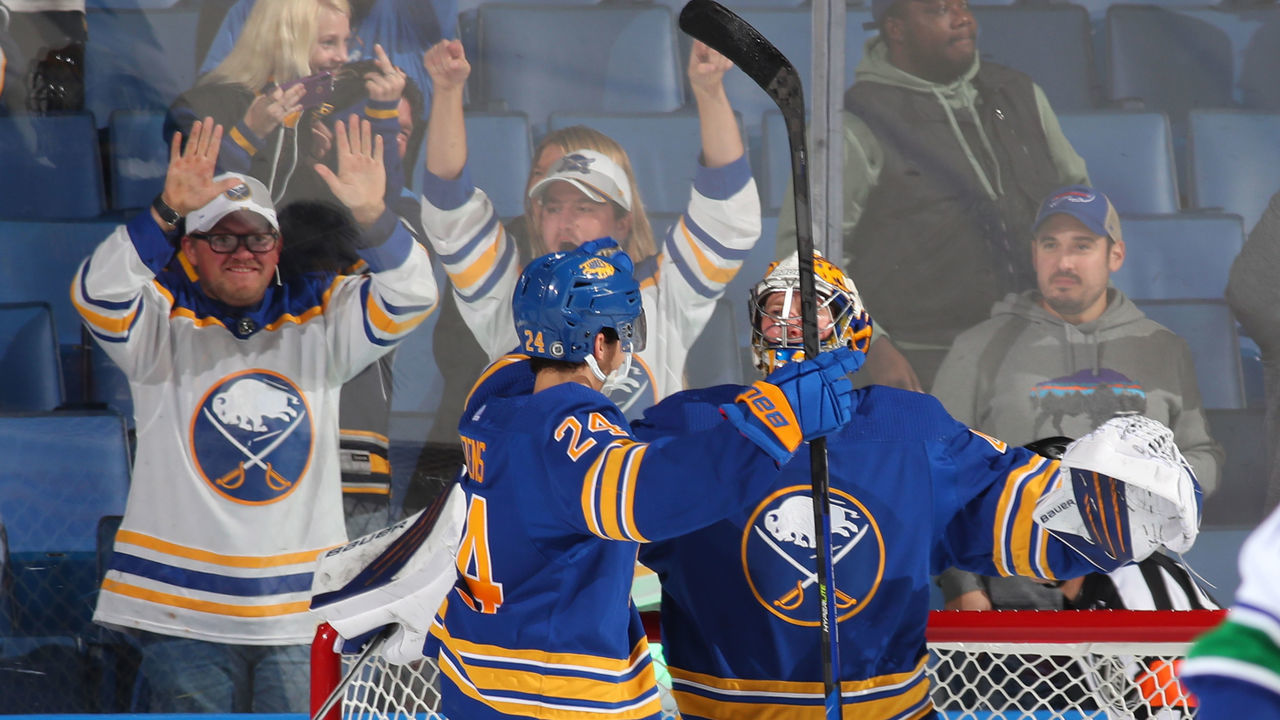 BUFFALO, NY - OCTOBER 19: Dylan Cozens #24 celebrates with Craig Anderson #41 of the Buffalo Sabres after an NHL game against the Vancouver Canucks on October 19, 2021 at KeyBank Center in Buffalo, New York. Buffalo won, 5-2.