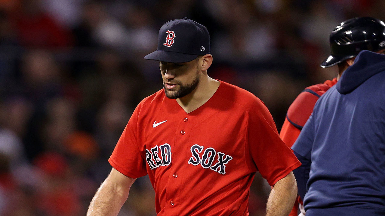 BOSTON, MASSACHUSETTS - OCTOBER 19: Nathan Eovaldi #17 of the Boston Red Sox is taken out of the game in the ninth inning of Game Four of the American League Championship Series against the Houston Astros at Fenway Park on October 19, 2021 in Boston, Massachusetts.