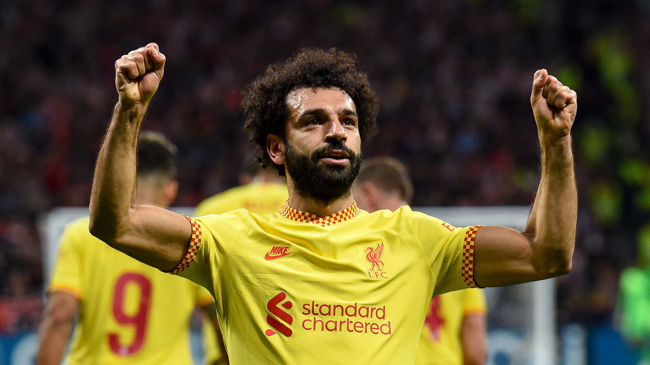 MADRID, SPAIN - OCTOBER 19: (THE SUN OUT, THE SUN ON SUNDAY OUT) Mohamed Salah of Liverpool celebrates after scoring the third goal during the UEFA Champions League group B match between Atletico Madrid and Liverpool FC at Wanda Metropolitano on October 19, 2021 in Madrid, Spain.
