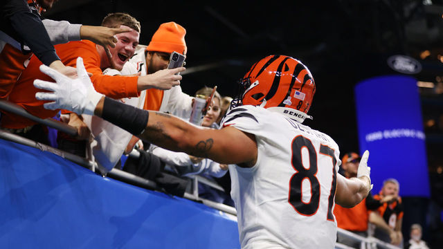 DETROIT, MICHIGAN - OCTOBER 17: C.J. Uzomah #87 of the Cincinnati Bengals celebrates his fourth quarter touchdown against the Detroit Lions at Ford Field on October 17, 2021 in Detroit, Michigan.