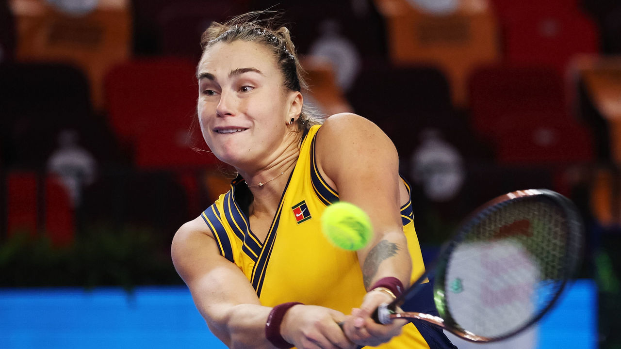 MOSCOW, RUSSIA - OCTOBER 20: Aryna Sabalenka of Belarus plays a shot against Ajla Tomljanovic of Australia during on Day Three of the VTB Kremlin Cup at Central court of the Irina Viner-Usmanova Gymnastics Palace and the Palace of Sports on October 20, 2021 in Moscow, Russia.