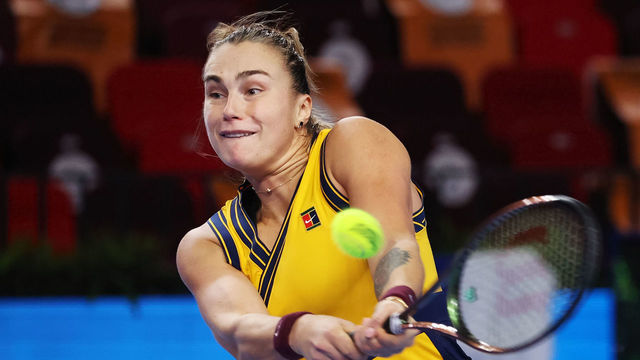 MOSCOW, RUSSIA - OCTOBER 20: Aryna Sabalenka of Belarus plays a shot against Ajla Tomljanovic of Australia during on Day Three of the VTB Kremlin Cup at Central court of the Irina Viner-Usmanova Gymnastics Palace and the Palace of Sports on October 20, 2021 in Moscow, Russia.