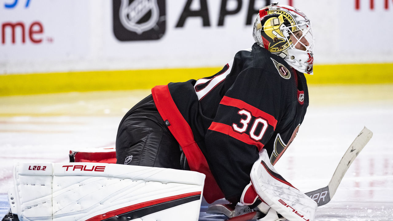 OTTAWA, ON - OCTOBER 04: Ottawa Senators Goalie Matt Murray (30) stretches prior to the third period of the NHL preseason game between the Ottawa Senators and the Toronto Maple Leafs on October 4, 2021 at the Canadian Tire Centre in Ottawa, Ontario, Canada.