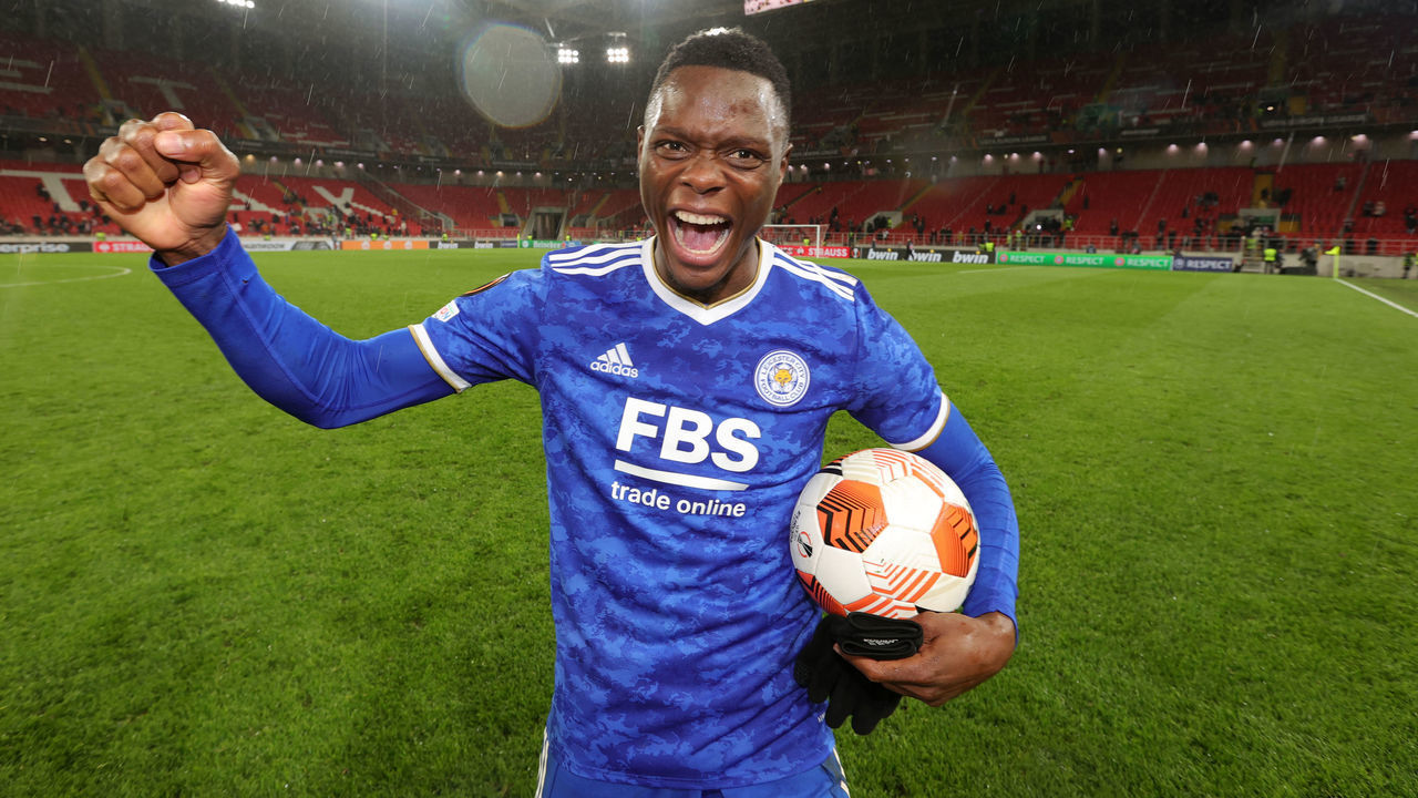 MOSCOW, RUSSIA - OCTOBER 20: Patson Daka of Leicester City celebrates with the match ball after the UEFA Europa League group C match between Spartak Moscow and Leicester City at Otkritie Bank Arena on October 20, 2021 in Moscow, Russia.