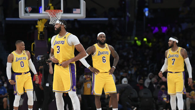LOS ANGELES, CA - OCTOBER 12: Anthony Davis #3 Carmelo Anthony #7, LeBron James #6 and Russell Westbrook #0 of the Los Angeles Lakers on the basketball court together during the second half of a preseason basketball game against the Golden State Warriors at Staples Center on October 12, 2021 in Los Angeles, California. NOTE TO USER: User expressly acknowledges and agrees that, by downloading and/or using this Photograph, user is consenting to the terms and conditions of the Getty Images License Agreement.