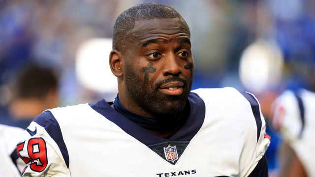INDIANAPOLIS, INDIANA - OCTOBER 17: Whitney Mercilus #59 of the Houston Texans stands on the sideline in the fourth quarter against the Indianapolis Colts at Lucas Oil Stadium on October 17, 2021 in Indianapolis, Indiana.