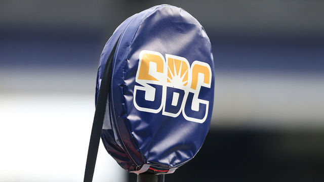 ATLANTA, GA - NOVEMBER 28: The sideline ball marker with the SBC logo during the college football game between the Georgia State Panthers and the Georgia Southern Eagles on November 28, 2020 at Center Parc Stadium in Atlanta, GA.