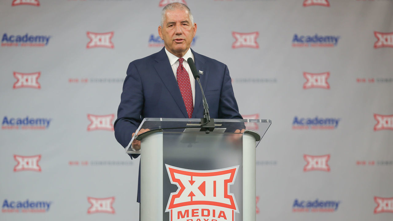 ARLINGTON, TX - JULY 14: Big 12 Commissioner Bob Bowlsby speaks to the press during the Big 12 Conference football media days on July 14, 2021 at AT&T Stadium in Arlington, TX.