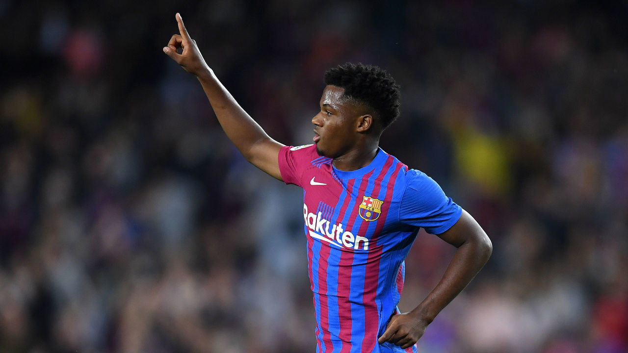 BARCELONA, SPAIN - OCTOBER 17: Ansu Fati of FC Barcelona celebrates after scoring their team's first goal during the LaLiga Santander match between FC Barcelona and Valencia CF at Camp Nou on October 17, 2021 in Barcelona, Spain.