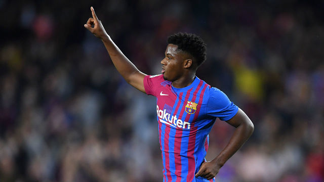 BARCELONA, SPAIN - OCTOBER 17: Ansu Fati of FC Barcelona celebrates after scoring their team's first goal during the LaLiga Santander match between FC Barcelona and Valencia CF at Camp Nou on October 17, 2021 in Barcelona, Spain.