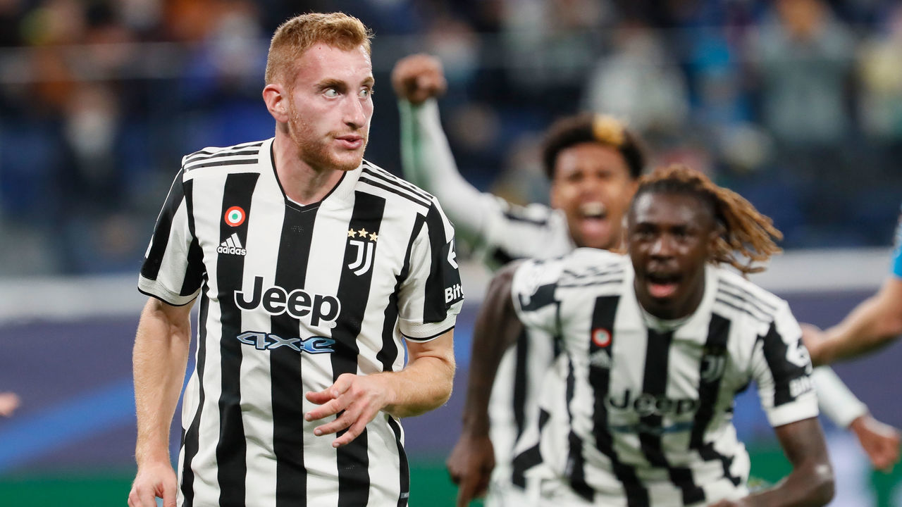 (L to R) Dejan Kulusevski, Weston McKennie and Moise Kean of Juventus celebrate a goal during the UEFA Champions League Group H football match between Zenit St. Petersburg and Juventus FC on October 20, 2021 at Gazprom Arena in Saint Petersburg, Russia.