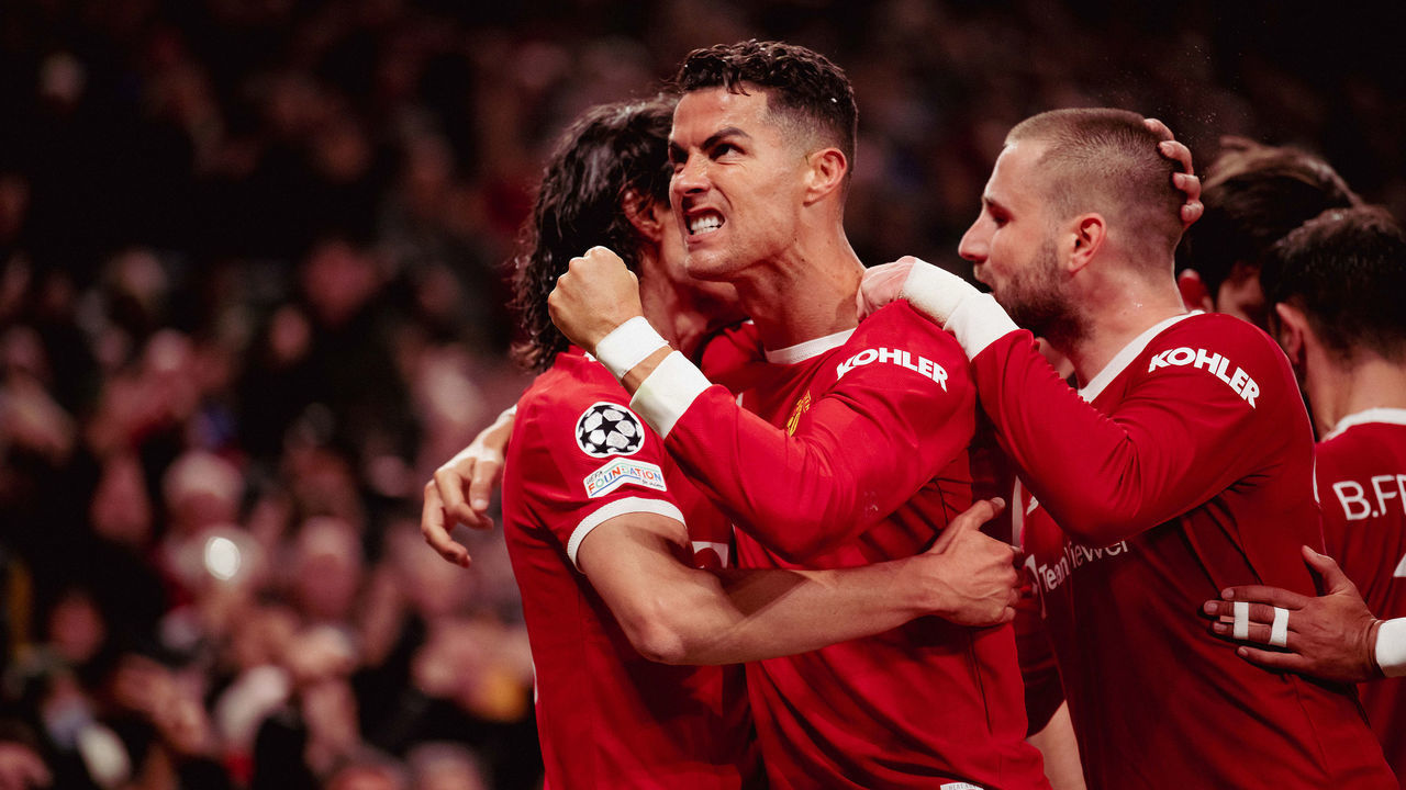 MANCHESTER, ENGLAND - OCTOBER 20: Cristiano Ronaldo of Manchester United celebrates scoring their third goal during the UEFA Champions League group F match between Manchester United and Atalanta at Old Trafford on October 20, 2021 in Manchester, England.