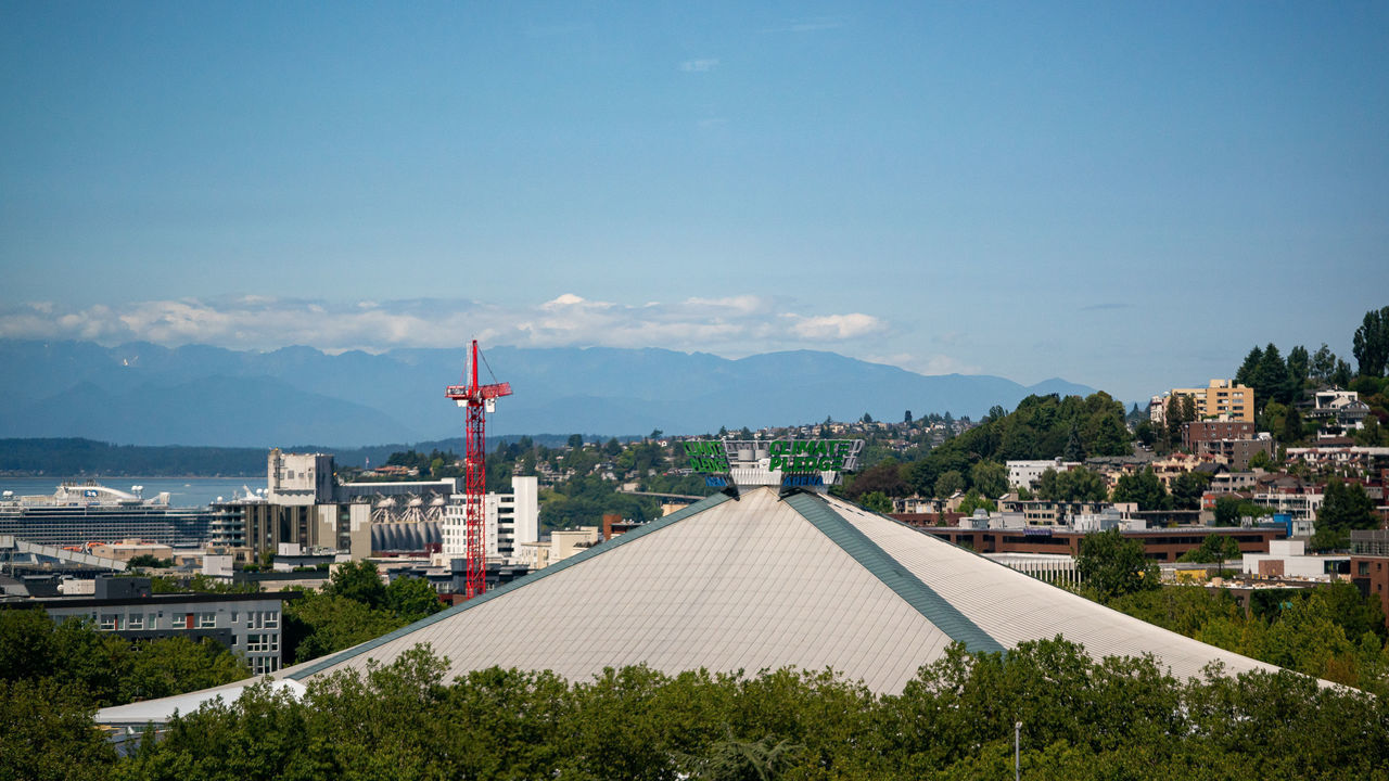 SEATTLE, WASHINGTON - JULY 23: Photograph of Climate Pledge Arena as seen from the Space Needle during the first round of the 2021 NHL Draft on July 23, 2021 in Seattle, Washington.