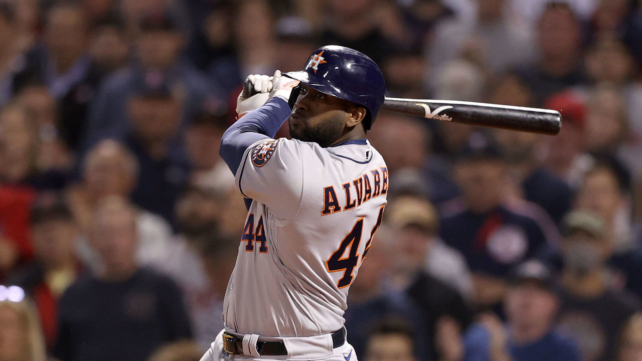 BOSTON, MASSACHUSETTS - OCTOBER 20: Yordan Alvarez #44 of the Houston Astros hits a single against the Boston Red Sox in the fourth inning of Game Five of the American League Championship Series at Fenway Park on October 20, 2021 in Boston, Massachusetts.