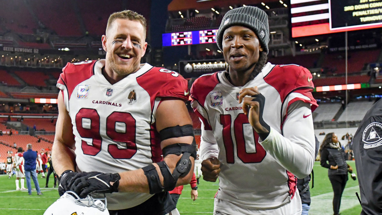 CLEVELAND, OH - OCTOBER 17: J.J. Watt #99 and DeAndre Hopkins #10 of the Arizona Cardinals react after a 37-14 win against the Cleveland Browns at FirstEnergy Stadium on October 17, 2021 in Cleveland, Ohio.