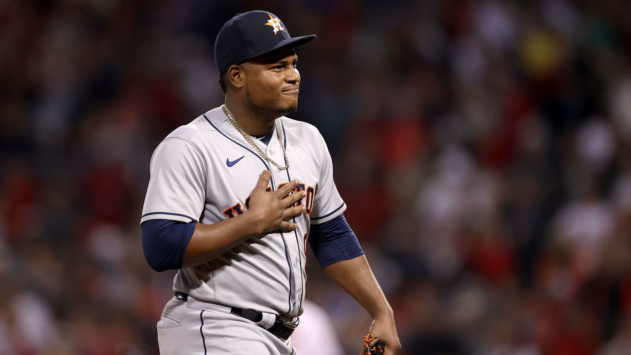 BOSTON, MASSACHUSETTS - OCTOBER 20: Framber Valdez #59 of the Houston Astros walks off the mound after the seventh inning of Game Five of the American League Championship Series against the Boston Red Sox at Fenway Park on October 20, 2021 in Boston, Massachusetts.