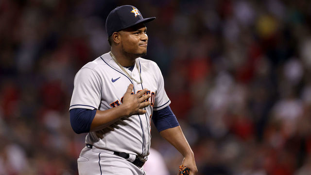 BOSTON, MASSACHUSETTS - OCTOBER 20: Framber Valdez #59 of the Houston Astros walks off the mound after the seventh inning of Game Five of the American League Championship Series against the Boston Red Sox at Fenway Park on October 20, 2021 in Boston, Massachusetts.