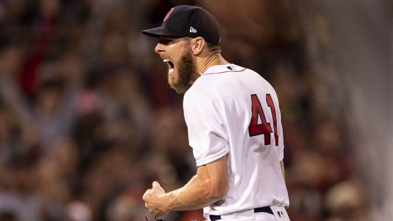BOSTON, MA - OCTOBER 20: Chris Sale #41 of the Boston Red Sox reacts during the fourth inning of game five of the 2021 American League Championship Series against the Houston Astros at Fenway Park on October 20, 2021 in Boston, Massachusetts.