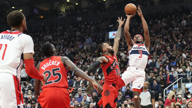 TORONTO, ON - OCTOBER 20: Bradley Beal #3 of the Washington Wizards takes a shot against Gary Trent Jr. #33 of the Toronto Raptors in the first half during a basketball game at Scotiabank Arena on October 20, 2021 in Toronto, Canada. User expressly acknowledges and agrees that, by downloading and/or using this Photograph, user is consenting to the terms and conditions of the Getty Images License Agreement.