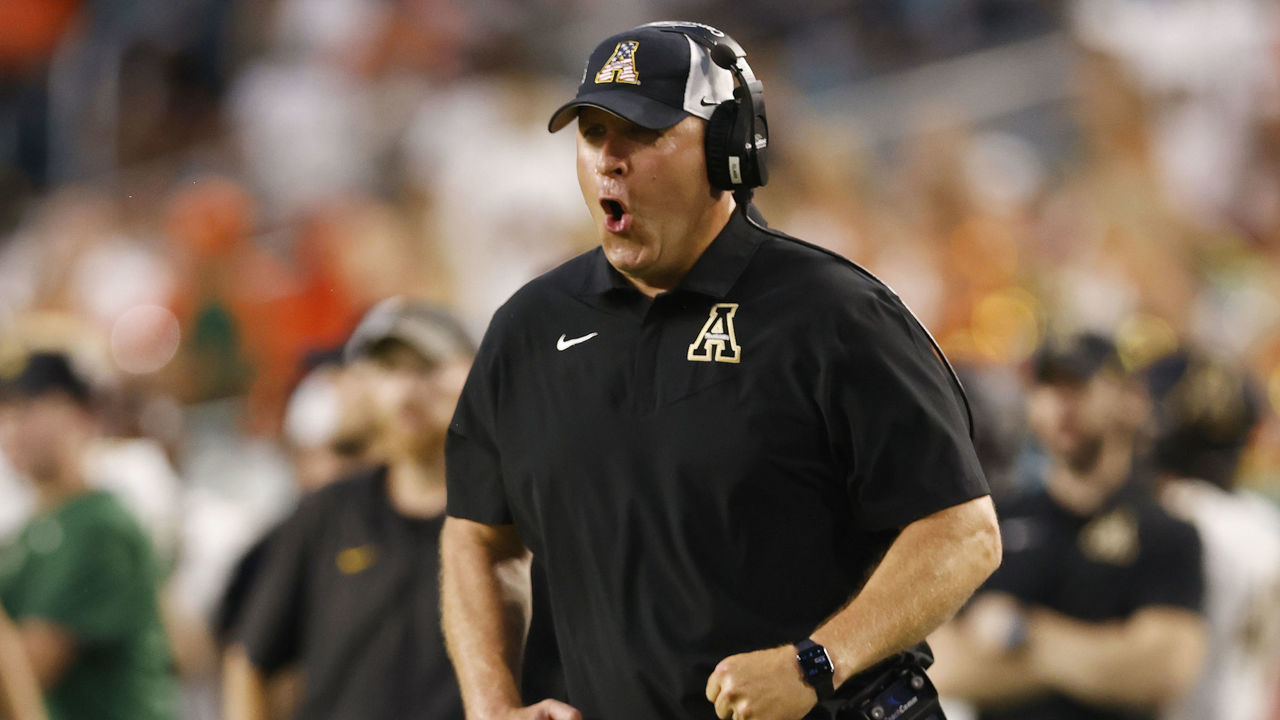 MIAMI GARDENS, FLORIDA - SEPTEMBER 11: Head coach Shawn Clark of the Appalachian State Mountaineers reacts against the Miami Hurricanes at Hard Rock Stadium on September 11, 2021 in Miami Gardens, Florida.