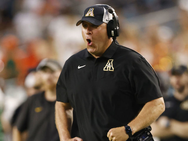 MIAMI GARDENS, FLORIDA - SEPTEMBER 11: Head coach Shawn Clark of the Appalachian State Mountaineers reacts against the Miami Hurricanes at Hard Rock Stadium on September 11, 2021 in Miami Gardens, Florida.