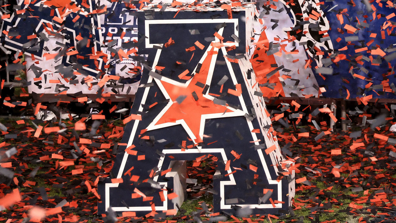 CINCINNATI, OHIO - DECEMBER 19: The American Athletic Conference logo on the field after the game between the Cincinnati Bearcats and the Tulsa Golden Hurricane at Nippert Stadium on December 19, 2020 in Cincinnati, Ohio.