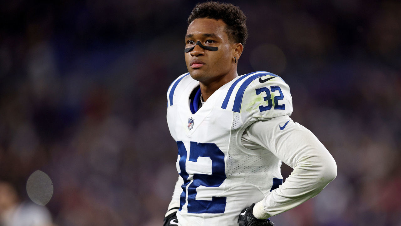 BALTIMORE, MARYLAND - OCTOBER 11: Julian Blackmon #32 of the Indianapolis Colts walks off the field after losing a game against the Baltimore Ravens at M&T Bank Stadium on October 11, 2021 in Baltimore, Maryland.