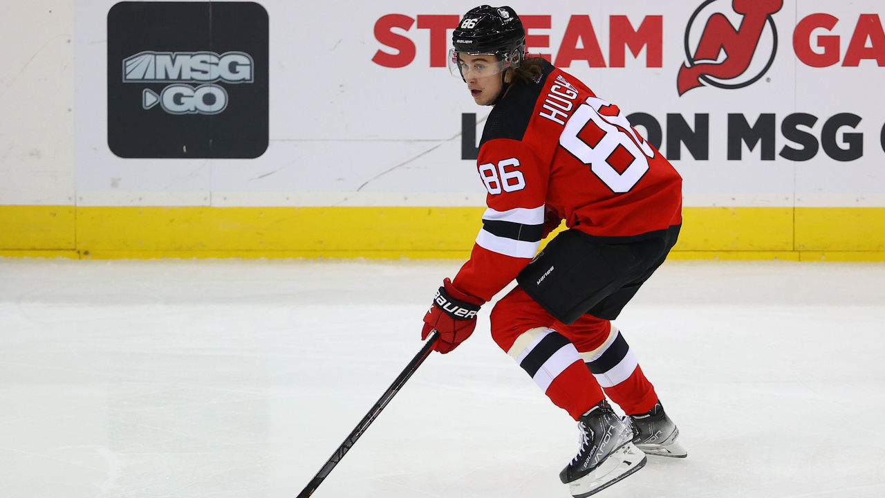 NEWARK, NJ - OCTOBER 19: New Jersey Devils center Jack Hughes (86) skates during the National Hockey League game between the New Jersey Devils and the Seattle Kraken on October 19,2021 at the Prudential Center in Newark, NJ.