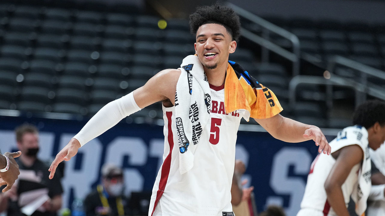 INDIANAPOLIS, IN - MARCH 22: Jaden Shackelford #5 of the Alabama Crimson Tide celebrates a win against the Maryland Terrapins in the second round of the 2021 NCAA Division I Mens Basketball Tournament held at Bankers Life Fieldhouse on March 22, 2021 in Indianapolis, Indiana.
