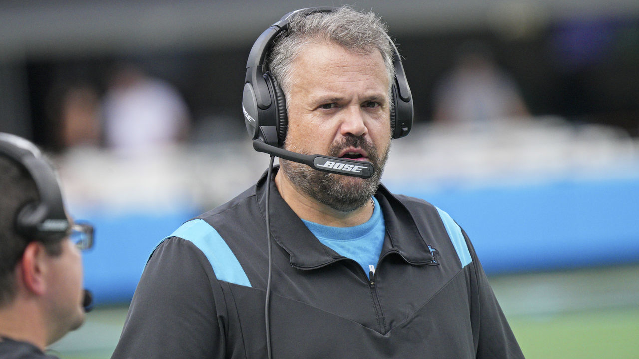 CHARLOTTE, NC - OCTOBER 10: Carolina Panthers head coach Matt Rhule looks on during the game between the Carolina Panthers and the Philadelphia Eagles on October 10, 2021 at Bank of America Stadium in Charlotte, NC.