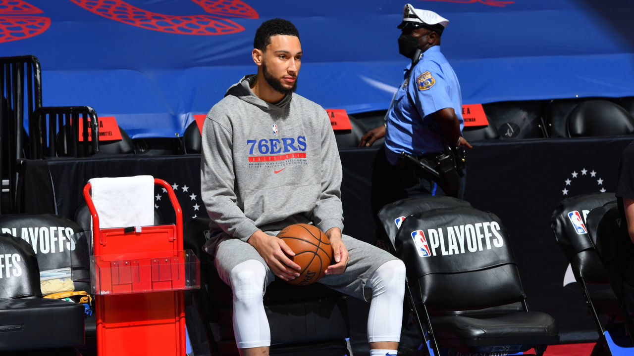 PHILADELPHIA, PA - JUNE 8: Ben Simmons #25 of the Philadelphia 76ers warms up prior to a game against the Atlanta Hawks during Round 2, Game 2 of the Eastern Conference Playoffs on June 8, 2021 at Wells Fargo Center in Philadelphia, Pennsylvania. NOTE TO USER: User expressly acknowledges and agrees that, by downloading and/or using this Photograph, user is consenting to the terms and conditions of the Getty Images License Agreement. Mandatory Copyright Notice: Copyright 2021 NBAE