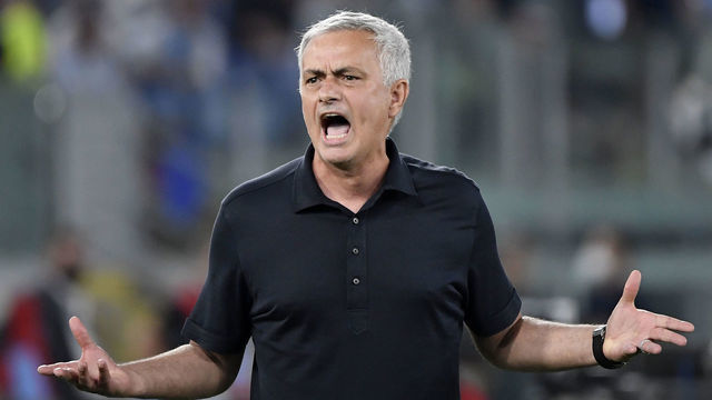 OLIMPICO STADIUM, ROMA, ITALY - 2021/09/26: Jose Mourinho coach of AS Roma reacts during the Serie A football match between SS Lazio and AS Roma. SS Lazio won 3-2 over AS Roma.