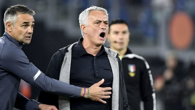 OLIMPICO STADIUM, ROMA, ITALY - 2021/09/23: Nuno Gomes and Jose Mourinho coach of AS Roma react during the Serie A football match between AS Roma and Udinese calcio. AS Roma won 1-0 over Udinese Calcio.