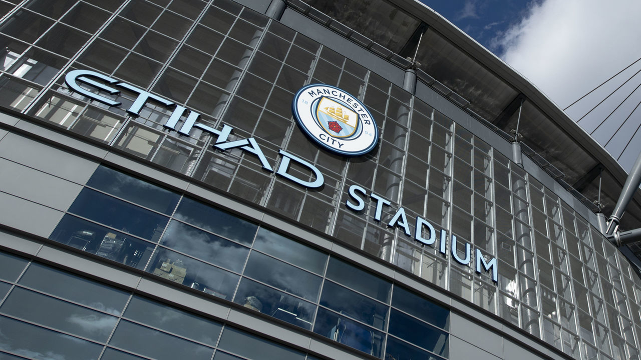 MANCHESTER, ENGLAND - MARCH 24: A general view of the outside of the Etihad Stadium, home of Manchester City FC on March 24, 2021 in Manchester, United Kingdom.