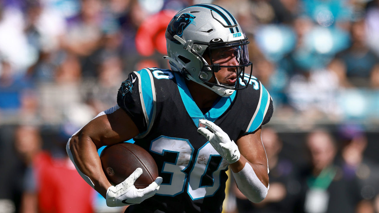 CHARLOTTE, NORTH CAROLINA - OCTOBER 17: Chuba Hubbard #30 of the Carolina Panthers runs with the ball during the first quarter against the Minnesota Vikings at Bank of America Stadium on October 17, 2021 in Charlotte, North Carolina.