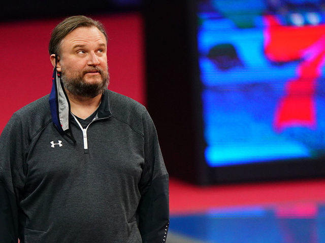 Basketball: Philadelphia 76ers President of Basketball Operations Daryl Morey courtside during game vs Utah Jazz at Wells Fargo Center. Morey with mask hanging from ear. Philadelphia, PA 3/3/2021 CREDIT: Erick W. Rasco