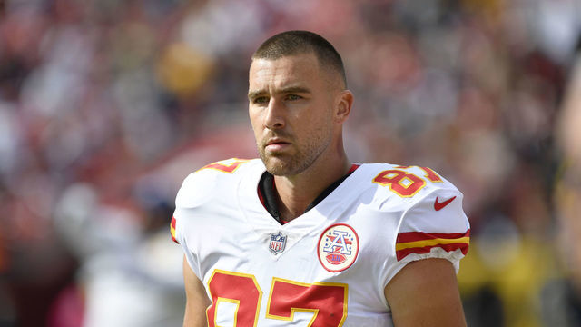 LANDOVER, MD - OCTOBER 17: Chiefs tight end Travis Kelce (87) watches during the Kansas City Chiefs versus Washington Football Team National Football League game at FedEx Field on October 17, 2021 in Landover, MD.