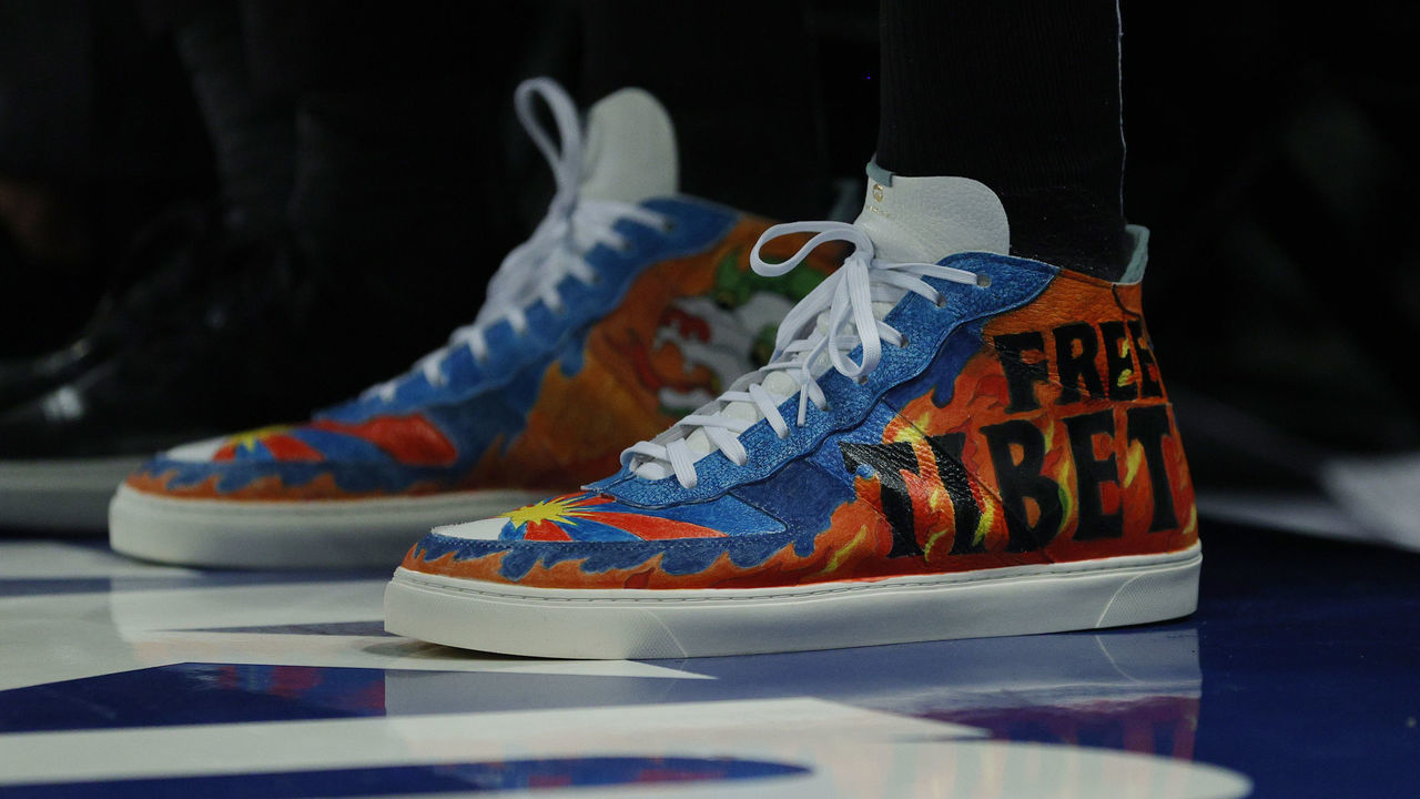 NEW YORK, NEW YORK - OCTOBER 20: Detail of the shoes worn by Enes Kanter #13 of the Boston Celtics with the wording "Free Tibet" during the first half against the New York Knicks at Madison Square Garden on October 20, 2021 in New York City.