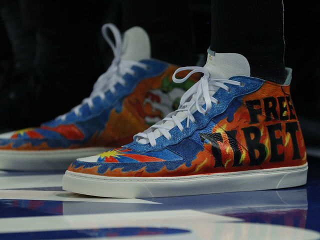 NEW YORK, NEW YORK - OCTOBER 20: Detail of the shoes worn by Enes Kanter #13 of the Boston Celtics with the wording "Free Tibet" during the first half against the New York Knicks at Madison Square Garden on October 20, 2021 in New York City.