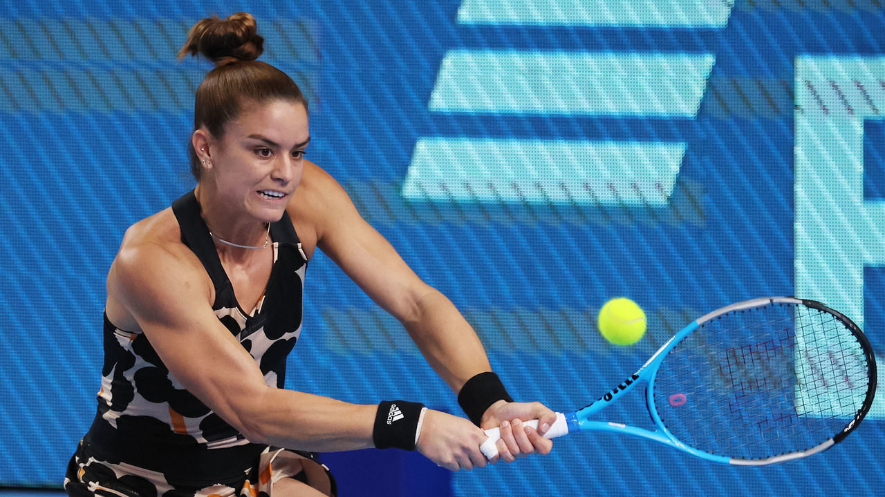 MOSCOW, RUSSIA - OCTOBER 21: Maria Sakkari of Greece plays a shot against Anna Kalinskaya of Russia during Day Four of the VTB Kremlin Cup at Central court of the Irina Viner-Usmanova Gymnastics Palace and the Palace of Sports on October 21, 2021 in Moscow, Russia.