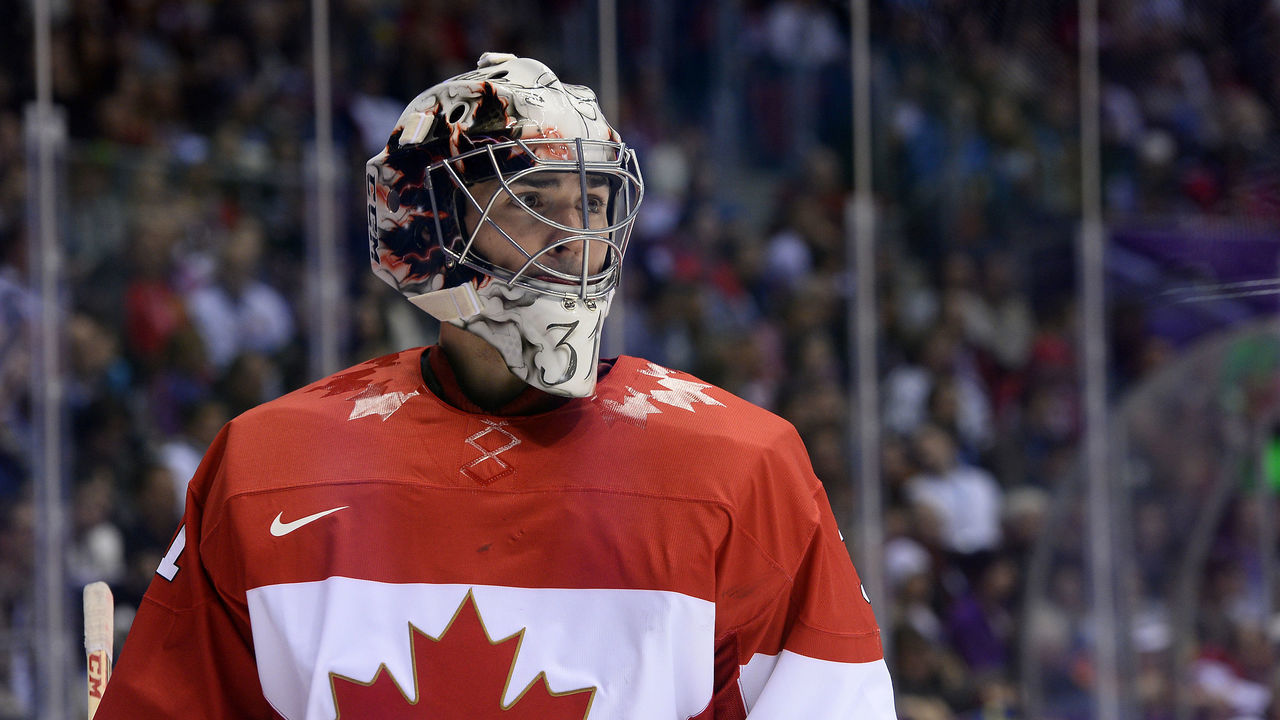 Canada's goalkeeper Carey Price looks on during the Men's ice hockey final Sweden vs Canada at the Bolshoy Ice Dome during the Sochi Winter Olympics on February 23, 2014. AFP PHOTO / JONATHAN NACKSTRAND