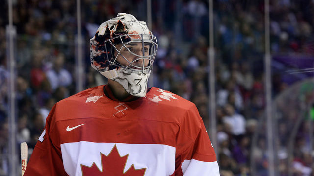 Canada's goalkeeper Carey Price looks on during the Men's ice hockey final Sweden vs Canada at the Bolshoy Ice Dome during the Sochi Winter Olympics on February 23, 2014. AFP PHOTO / JONATHAN NACKSTRAND