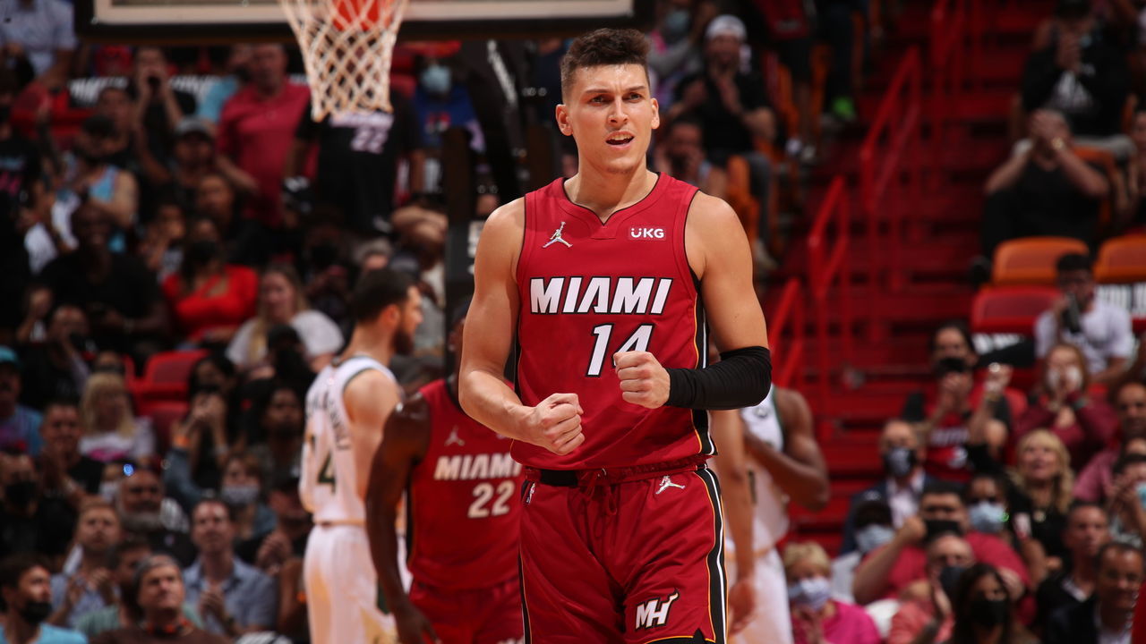 MIAMI, FL - OCTOBER 21: Tyler Herro #14 of the Miami Heat celebrates during the game against the Milwaukee Bucks on October 21, 2021 at FTX Arena in Miami, Florida. Mandatory Copyright Notice: Copyright 2021 NBAE